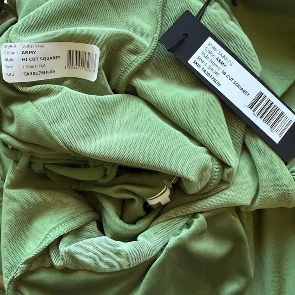 ta3 hi cut squarey one piece swim in army green, women size large short